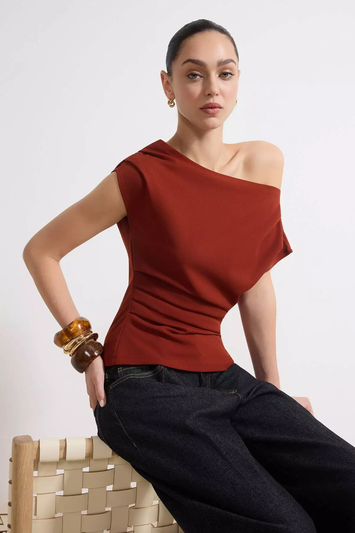 Cinnamon Shirring/Drape Detail Flowy Asymmetrical Neckline Knitted Blouse Twoss25Bz24