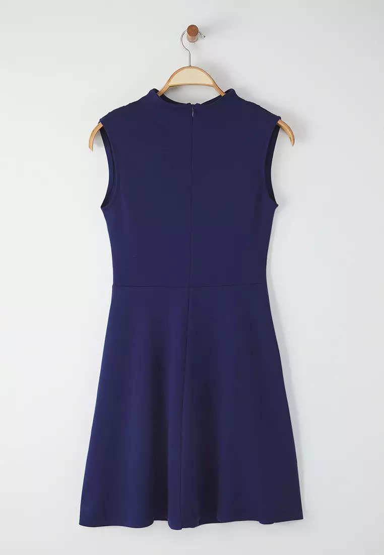 Navy Blue Stand Collar Skater/Waist Open Mini Knitted Dress TWOSS25EL00359