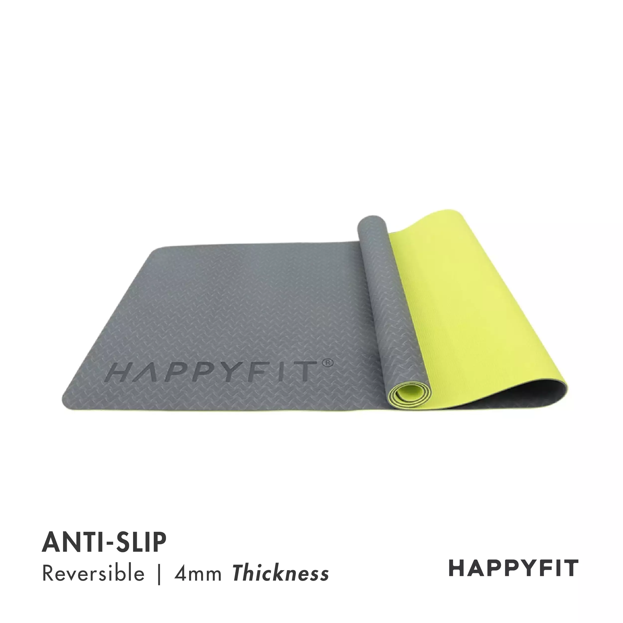 HAPPYFIT Yoga Mat Reversible TPE 4mm Free Strap Grey