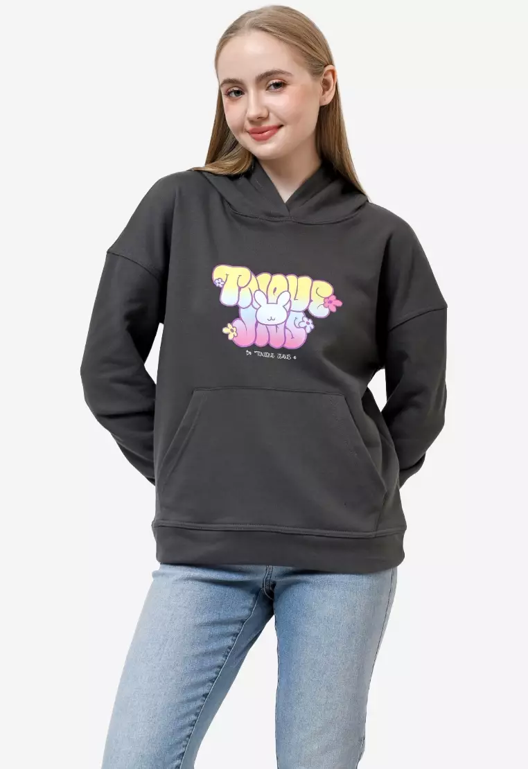 TONIQUE Womens Cotton Graphic Hoodie Dark Grey NOLA Hoodie Wanita Katun Abu Abu