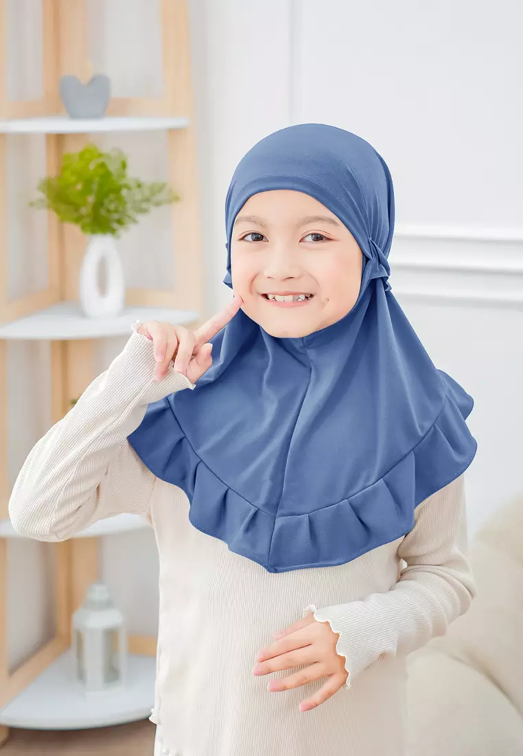 Cotton Bee - Ziva Ruffle Instan | Hijab Instan Anak | Kerudung Jilbab Bergo Tali Anak - River Blue - M