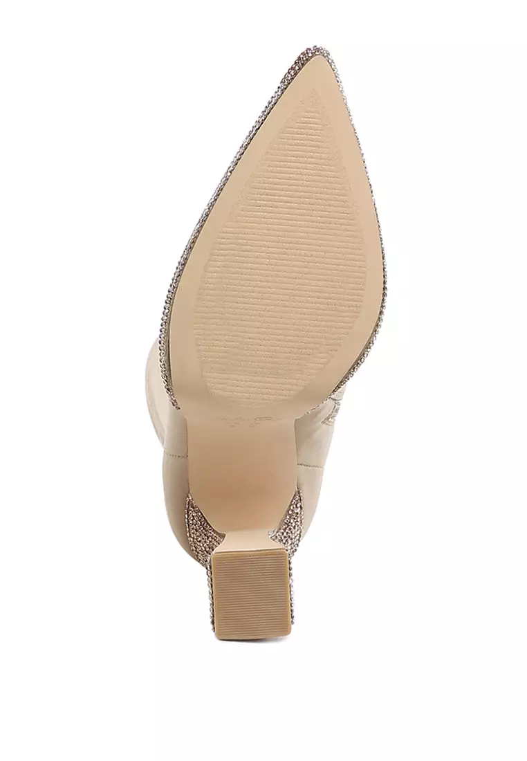 Sepatu Bot Pergelangan Kaki Berdetail Berlian Imitasi Lycra Warna Beige