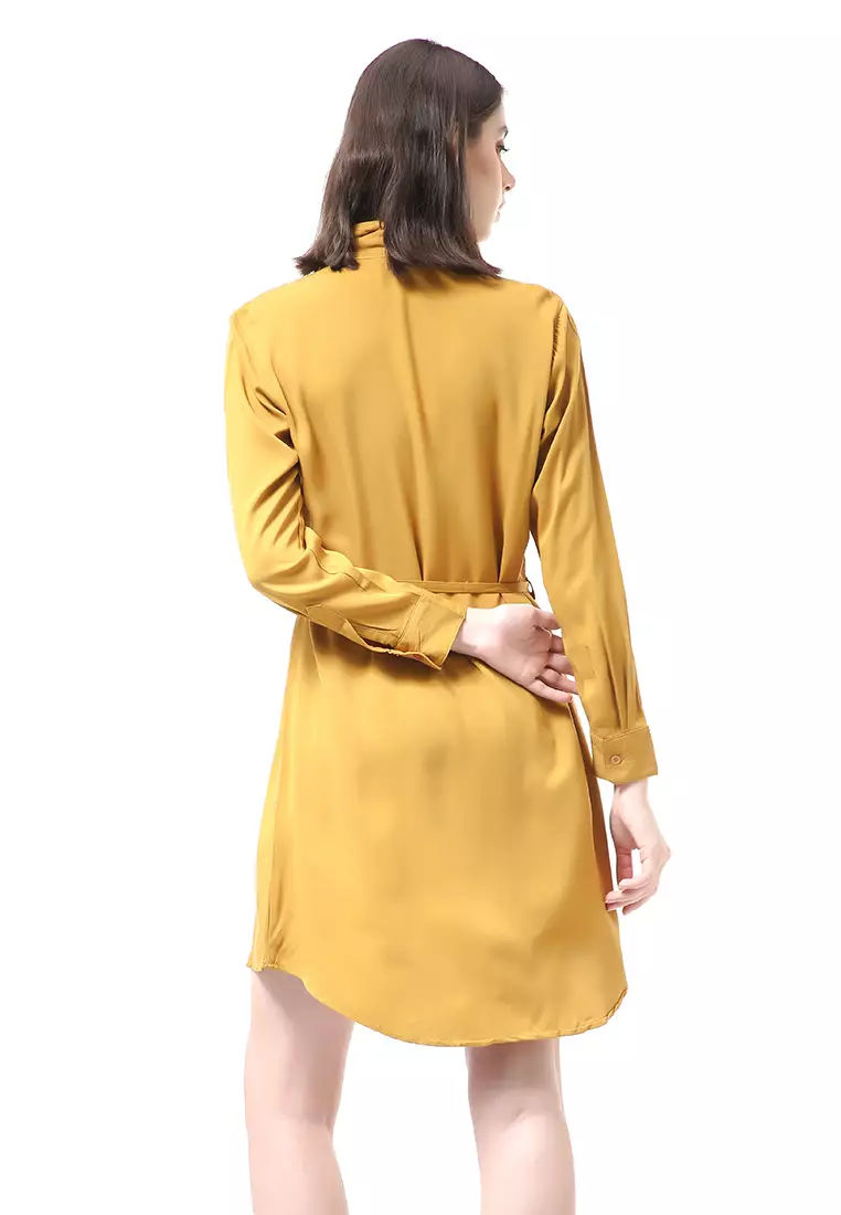 Rachel Dress Wanita Model Kemeja Full Kancing Long Sleeve Material Twill Rayon ORIGINAL - Mustard