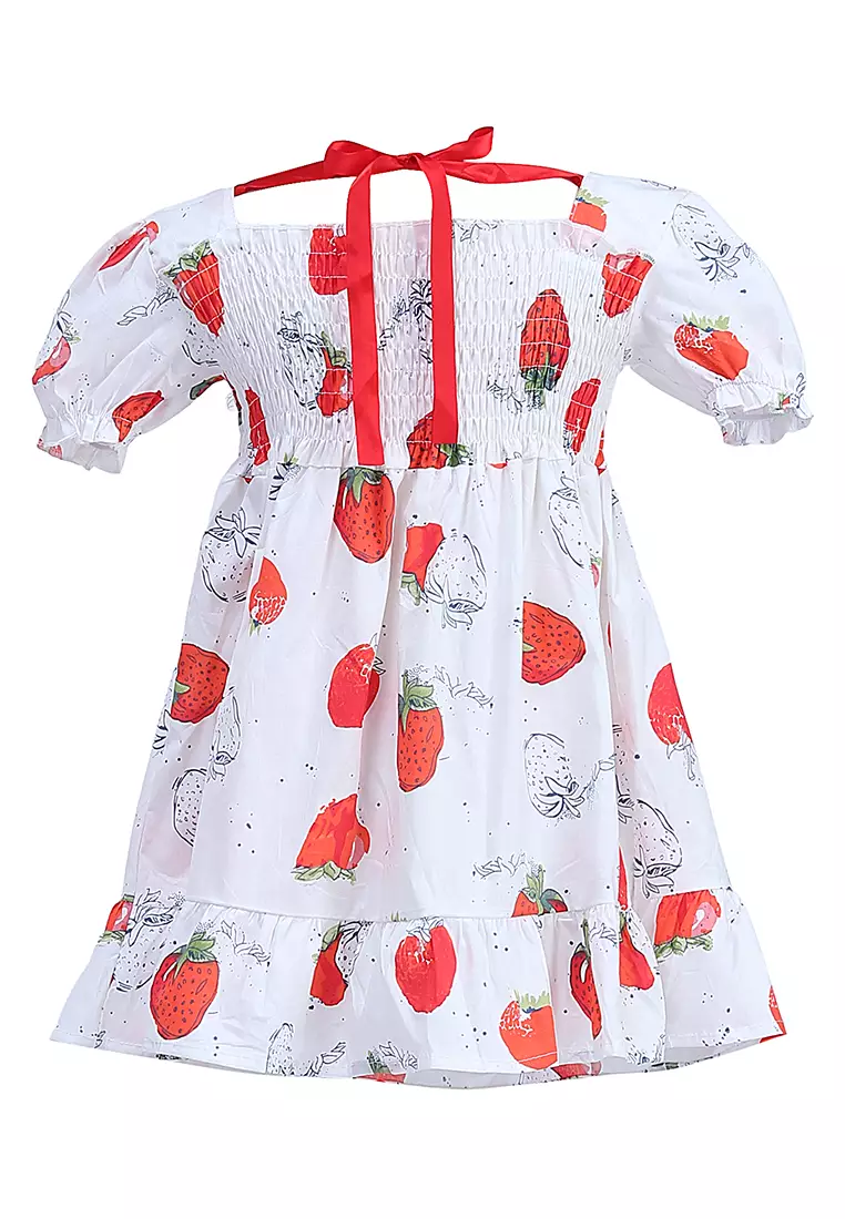 Bianca Gaun Anak Perempuan Motif Strawberry Kids Dresses Short Sleeve Material Cotton ORIGINAL - White