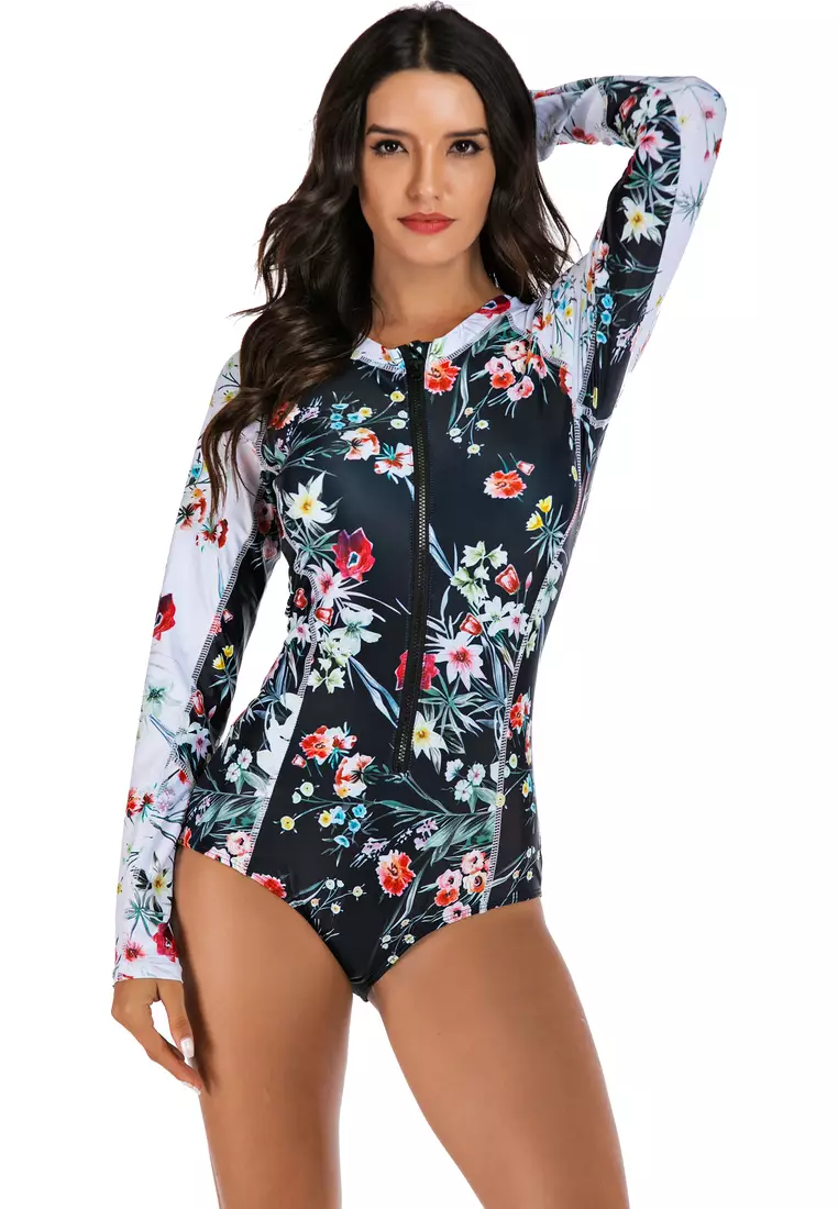 Surf Print Long Sleeve One Piece Swimsuit