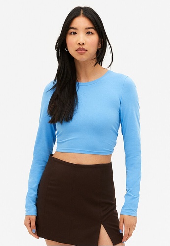 Monki blue Long Sleeved Crop Top With Cut Out Back E08E8AA6F00C9DGS_1