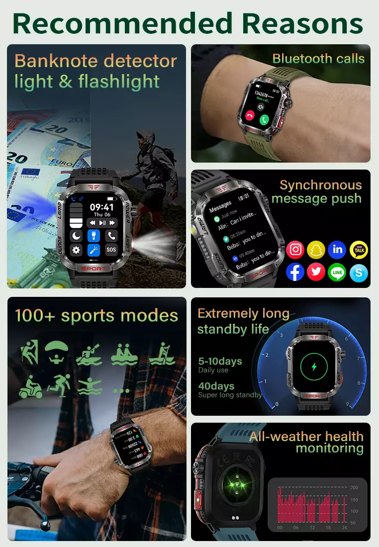 Smart Watch HT29 2.01 HD Large Screen Flashlight Compass function Health Monitoring Jam Pintar green