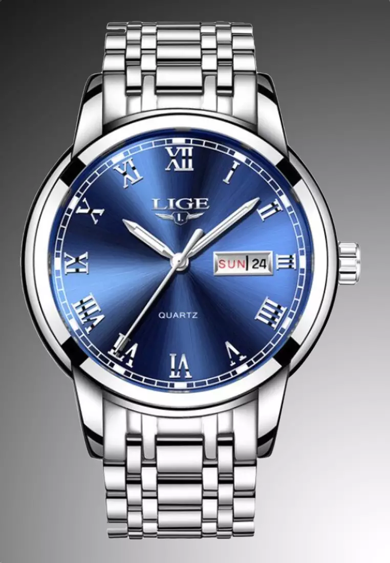 Unisex Day/Date Stainless Steel Quartz Watch on Steel Bracelet