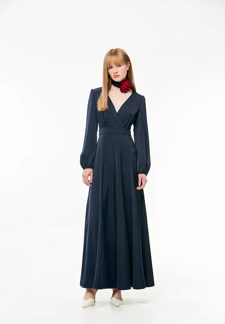 Buy iROO Long Sleeve Surplice Neckline Satin Evening Dress 2025 - Main Image