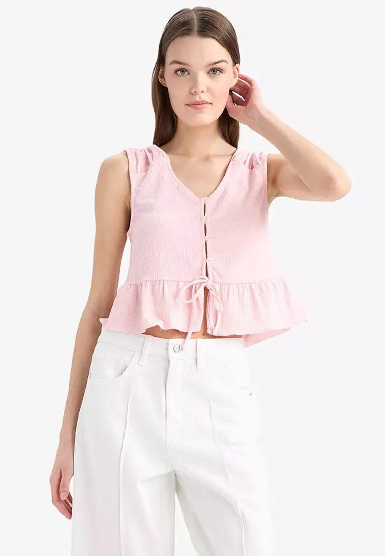 Regular Fit V Neck Front Tie Wrap Short Sleeve Blouse E9807Ax25Sm