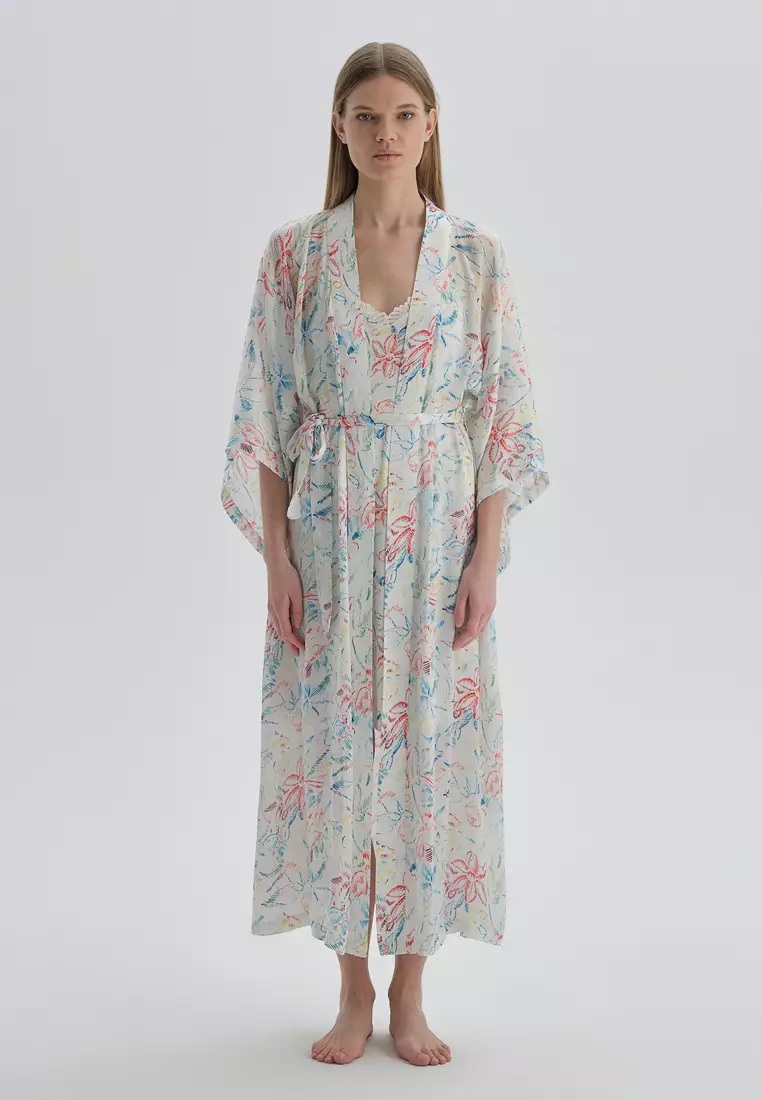 Ecru Printed Robe Floral Regular Fit Homewear And Sleepwear for Women