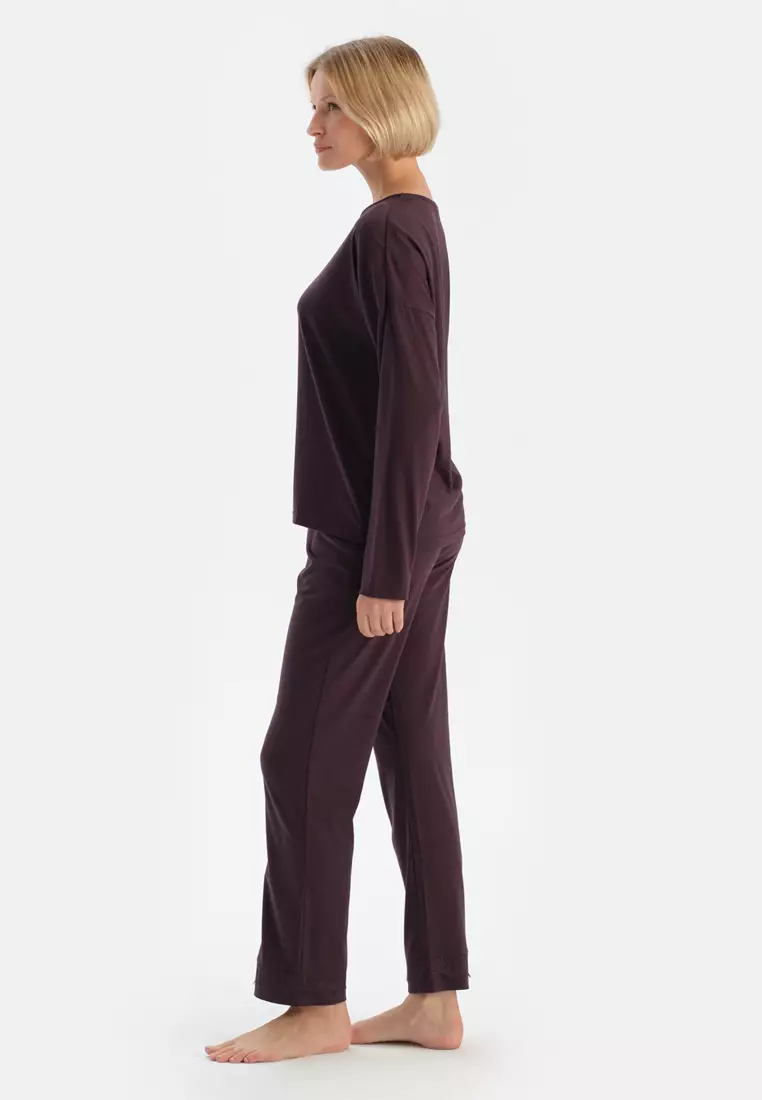 Damson T-Shirt & Trousers, Boat Neck, Regular Fit, Long Sleeve Sleepwear for Women