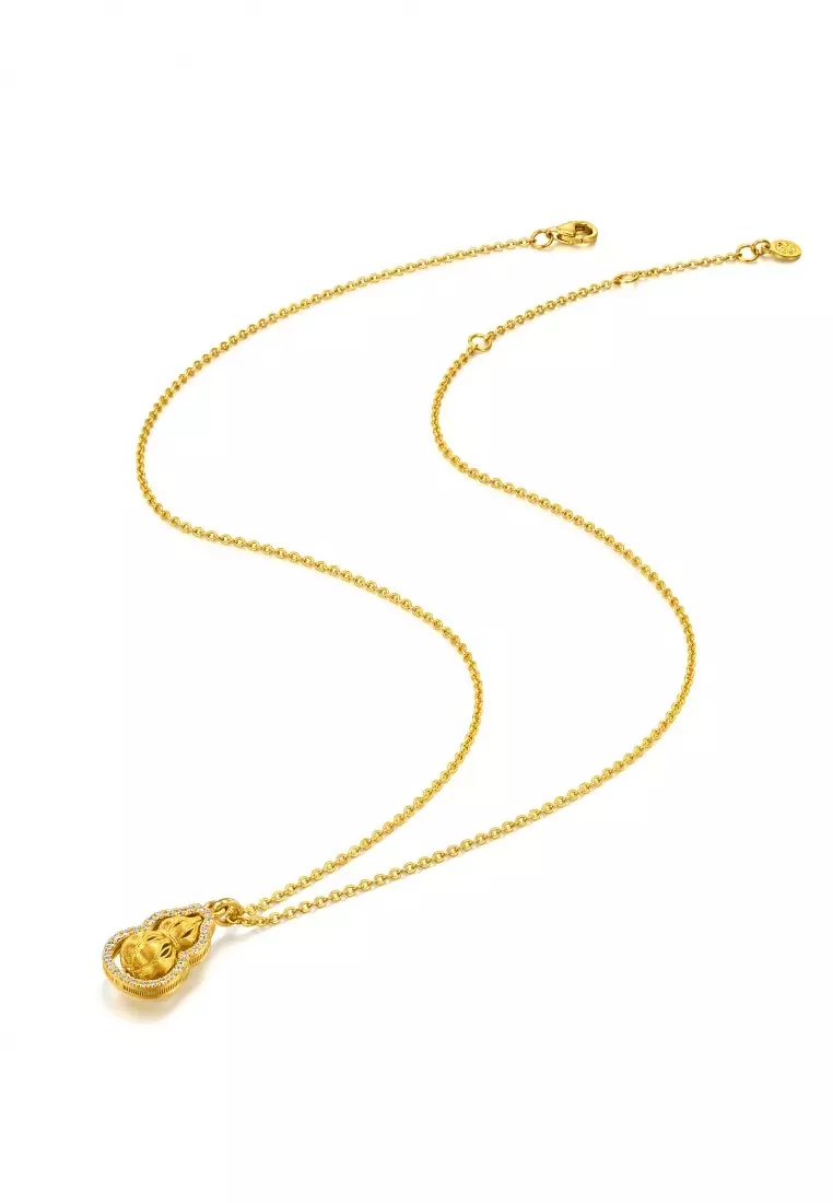 999.9 24K Pure Gold Cultural Blessings Diamond Gourd Necklace for Women 47cm 96408N