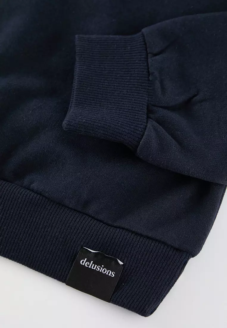 Navy Blue Oversize/Wide Cut Stand Collar Zippered Labeled Fleece Inside Sweatshirt TMNAW25SW00168