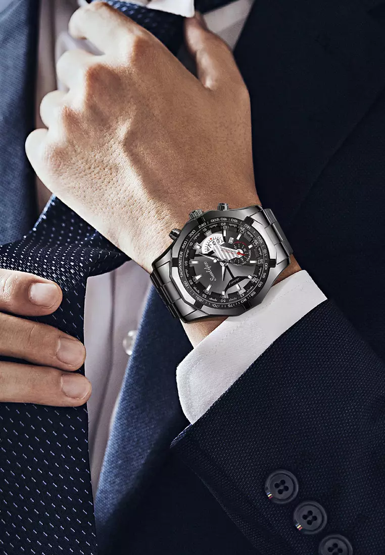 Jam Tangan Pria 9094 Original Kuarsa Kalender Tali Stainless Steel Jam Tangan Cowok(Kotak + Kartu Garansi) allblack