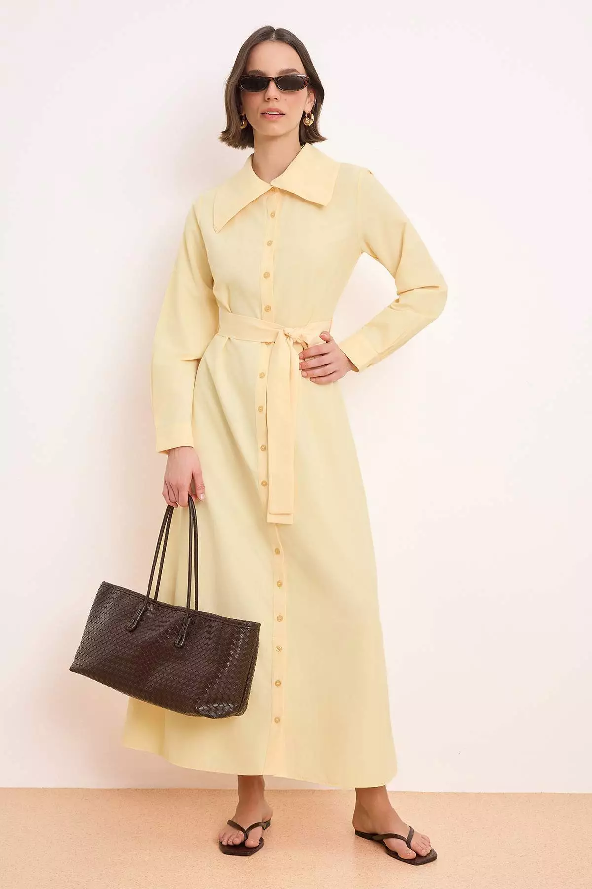 Light Yellow Belted Unlined Plain Woven Terrycotton Hijab Dress Tctss26Eb00098