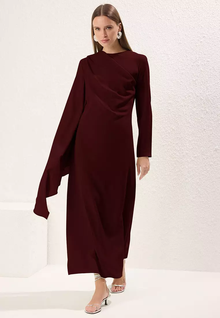 Burgundy Shawl Detailed Lined Evening Dress Tctss24Db00036