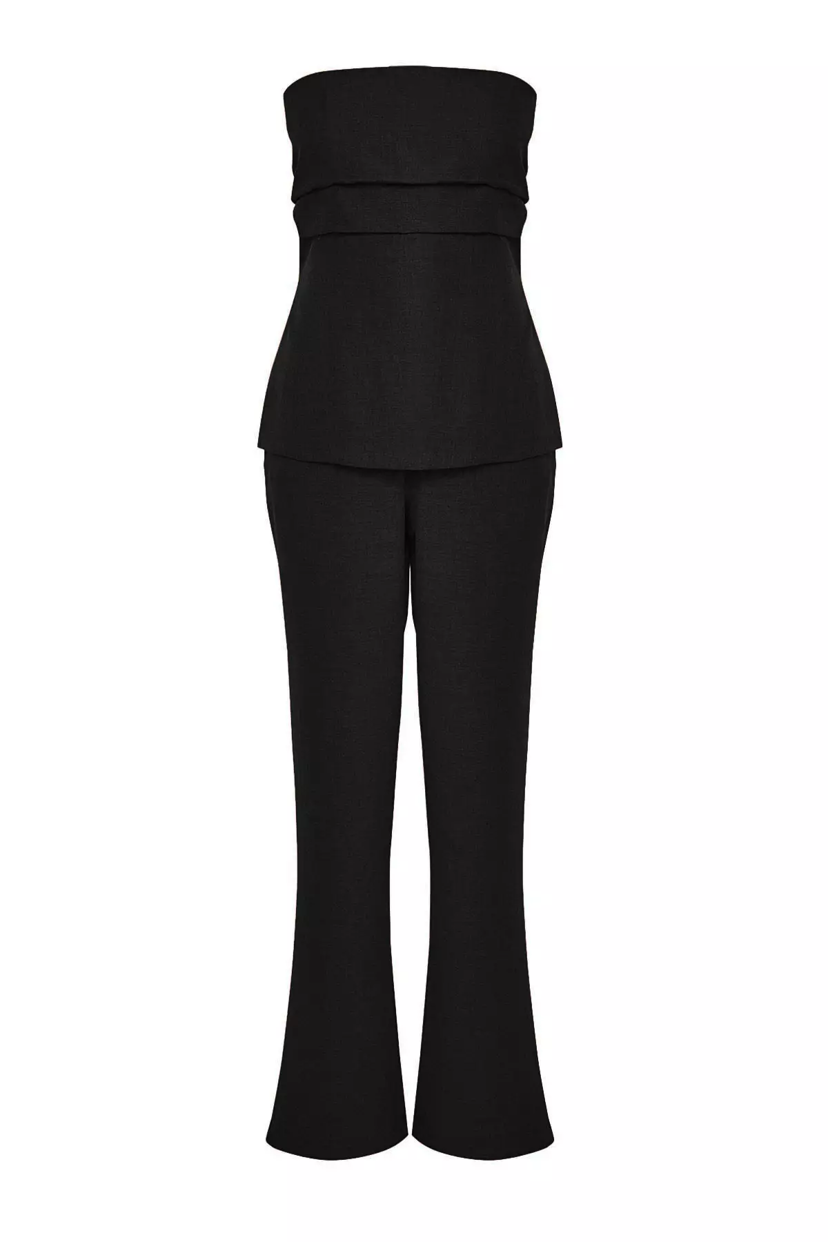 Black Linen Look Strapless Blouse And Pants Bottom Top Set