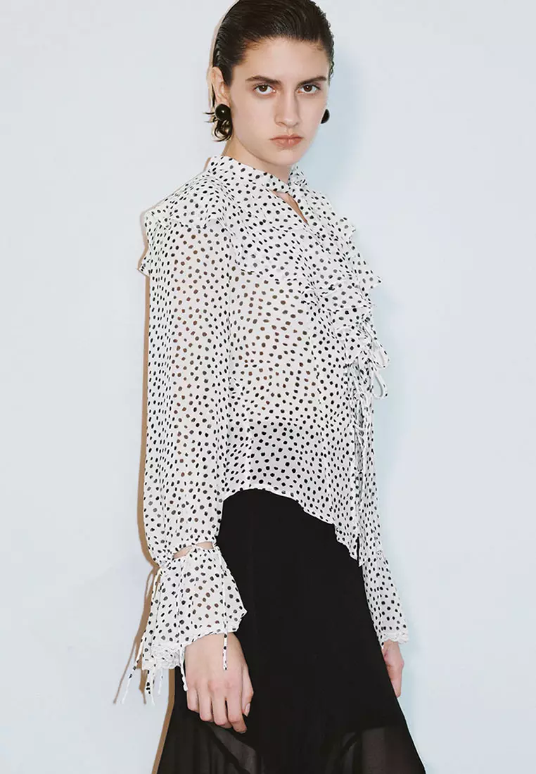 UR春季新款女装法式魅力复古波点印花开襟衬衫UWG250004