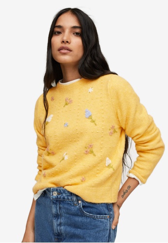 Mango yellow Flowers Knit Sweater 9AE1CAA2A3ACDEGS_1