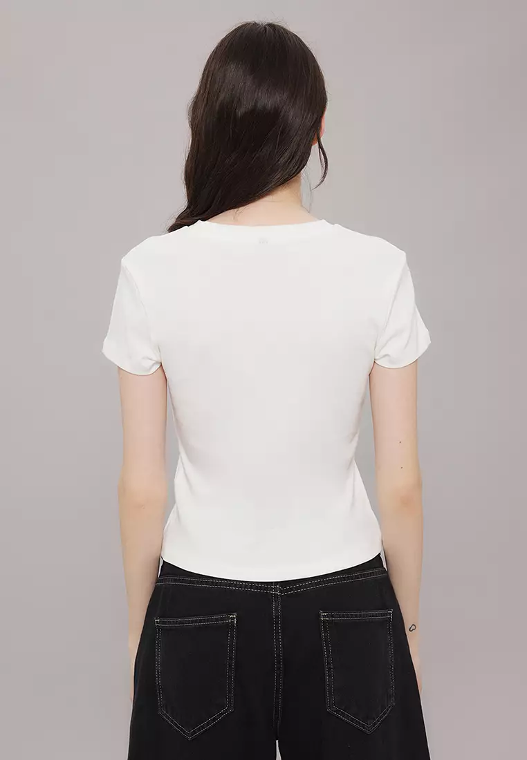 Ecru Swan Printed Fitted Knitted T-Shirt