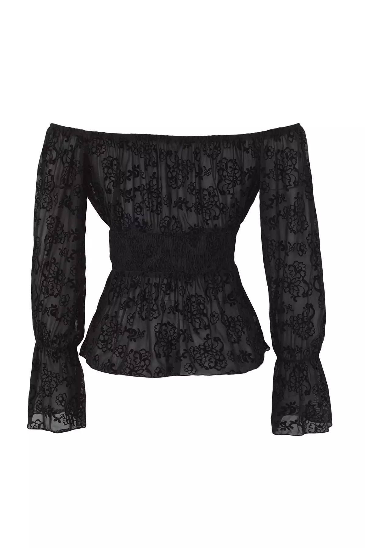 Black Floral Unlined Carmen Collar Tied Tulle Party Blouse Tpraw26Bz00014