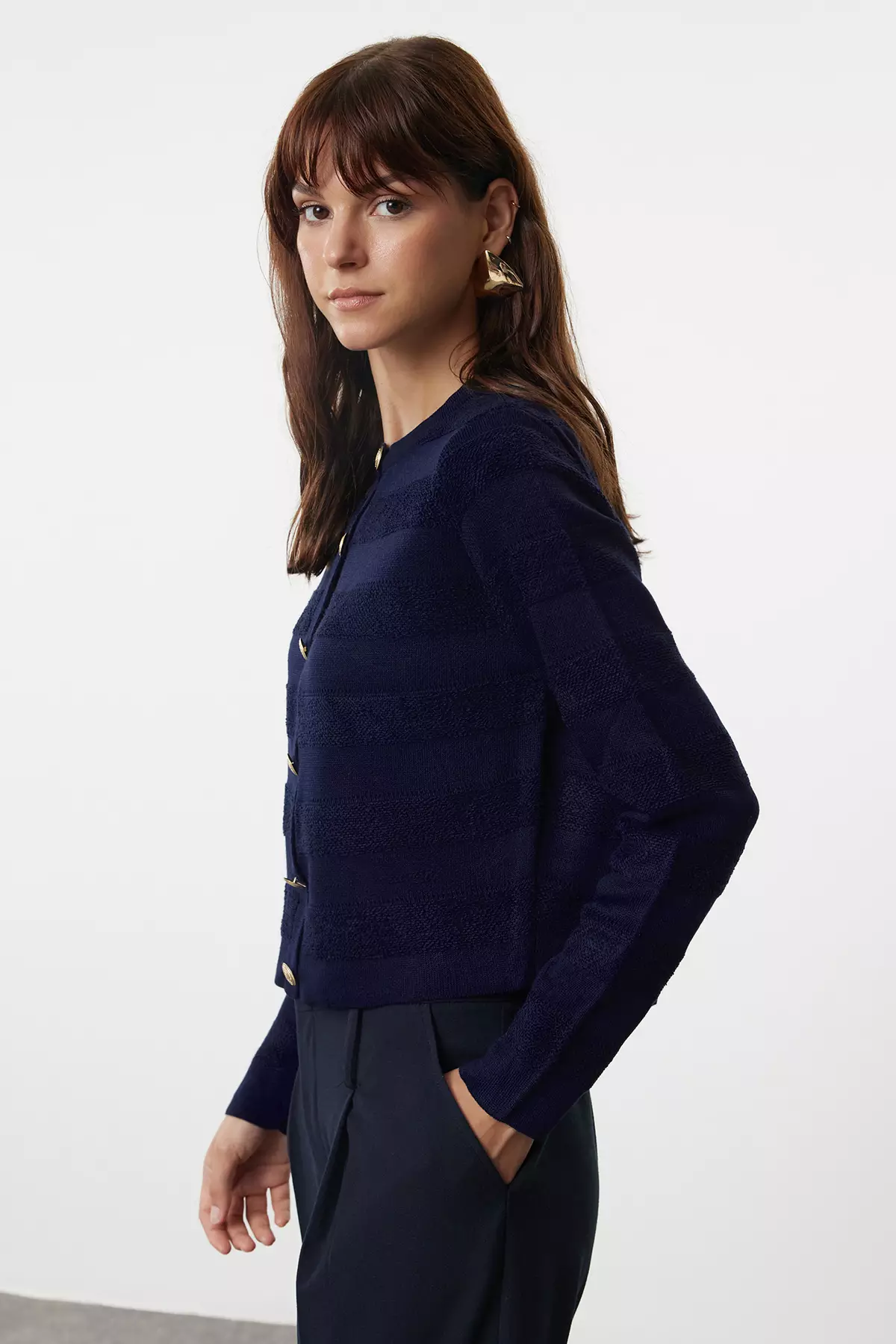 Crew Neck Navy Blue Knitwear Cardigan Jacket Look