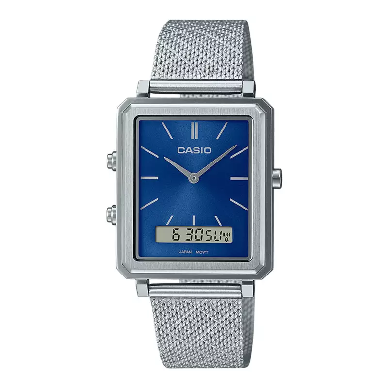Jam Tangan Pria Casio General MTP-B205M-2EDF Men Blue Digital Analog Dial Silver Mesh Band
