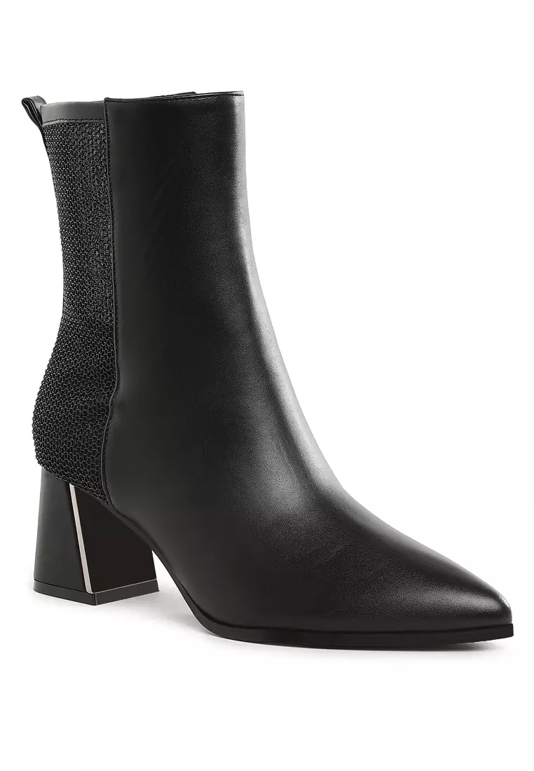 Mesh Detail Pointy Ankle Boots in Black