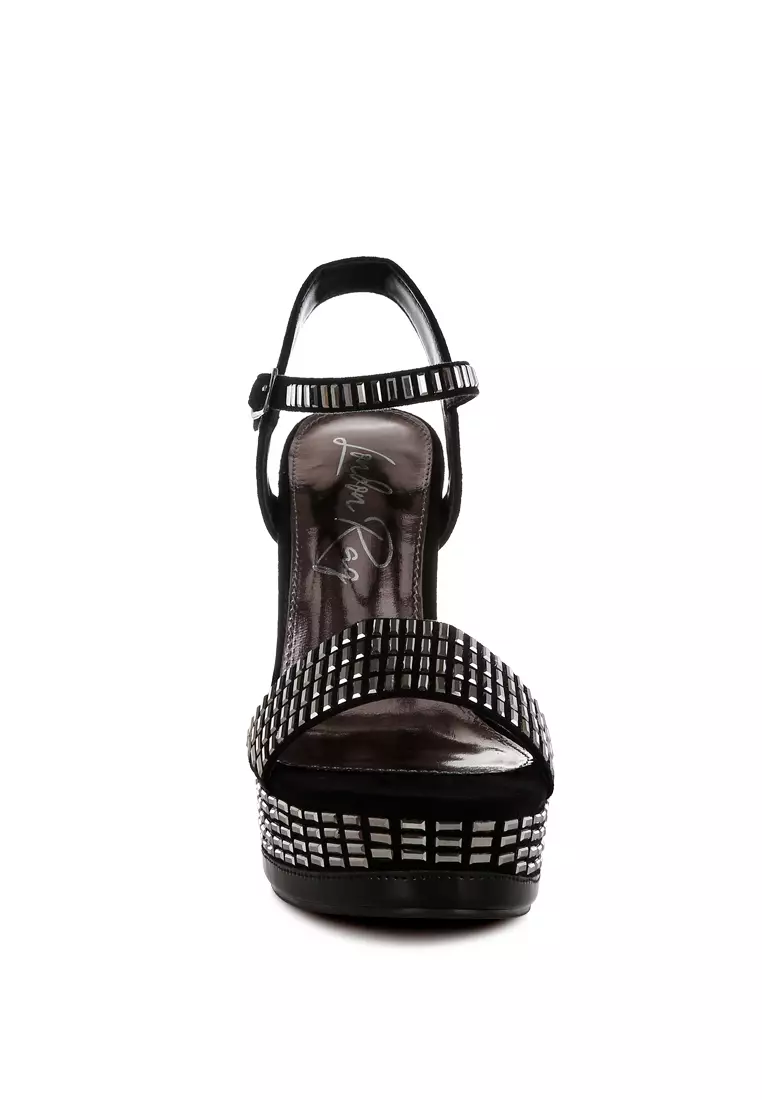 Sepatu hak bertali pergelangan kaki berhiaskan berlian imitasi warna hitam