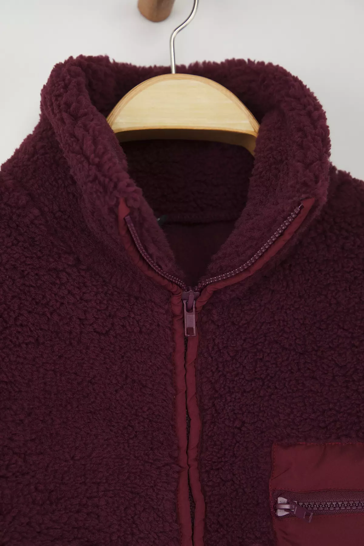 Winter Essentials Plum Fleece Zippered Stand-Up Collar Pocket Detailed Knitted Sweatshirt Twoaw24Sw00071