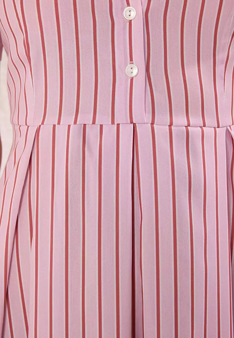 Pink Striped Skirt Waist Open Half Placket Midi Woven Dress Twoss25El00187