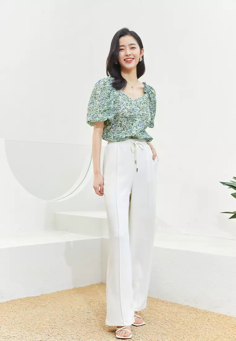 Elastic High Waist Wide Leg Pants with Waist Tie