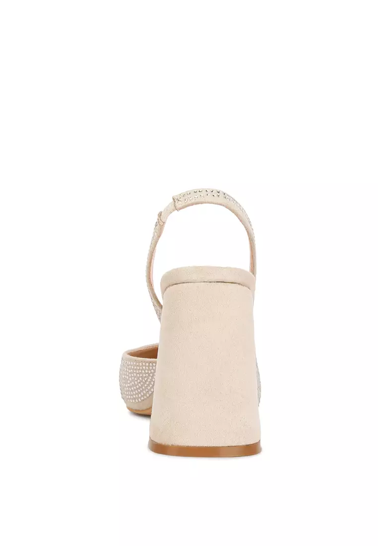 Sandal Tumit Suede Berlian Imitasi Krem