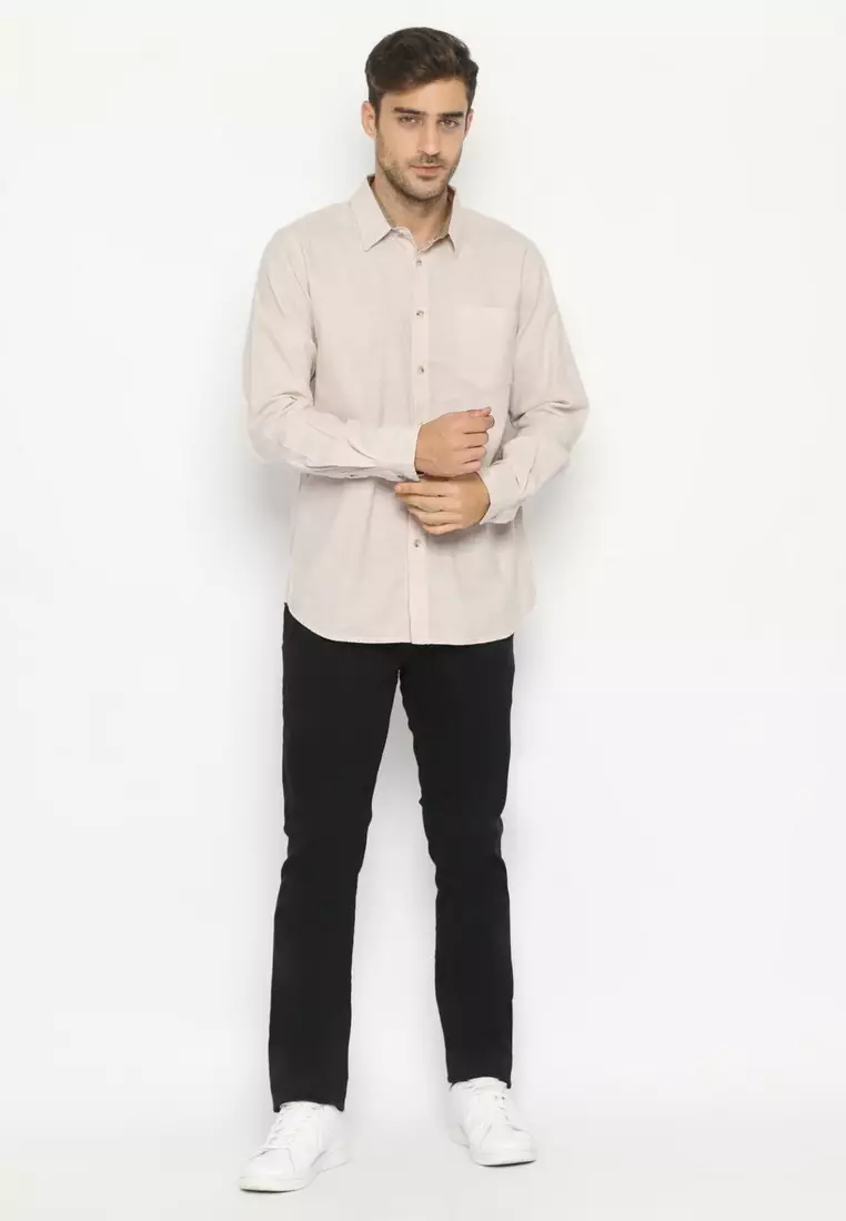 POLICE Kemeja Polos Cotton Slub Cream Regular Fit Lengan Panjang Pria