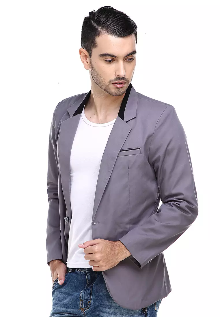 Woreq Jas Blazer Pria Three Pockets Collar Stripe Black Formal Casual Suit Material Drill ORIGINAL - Gray