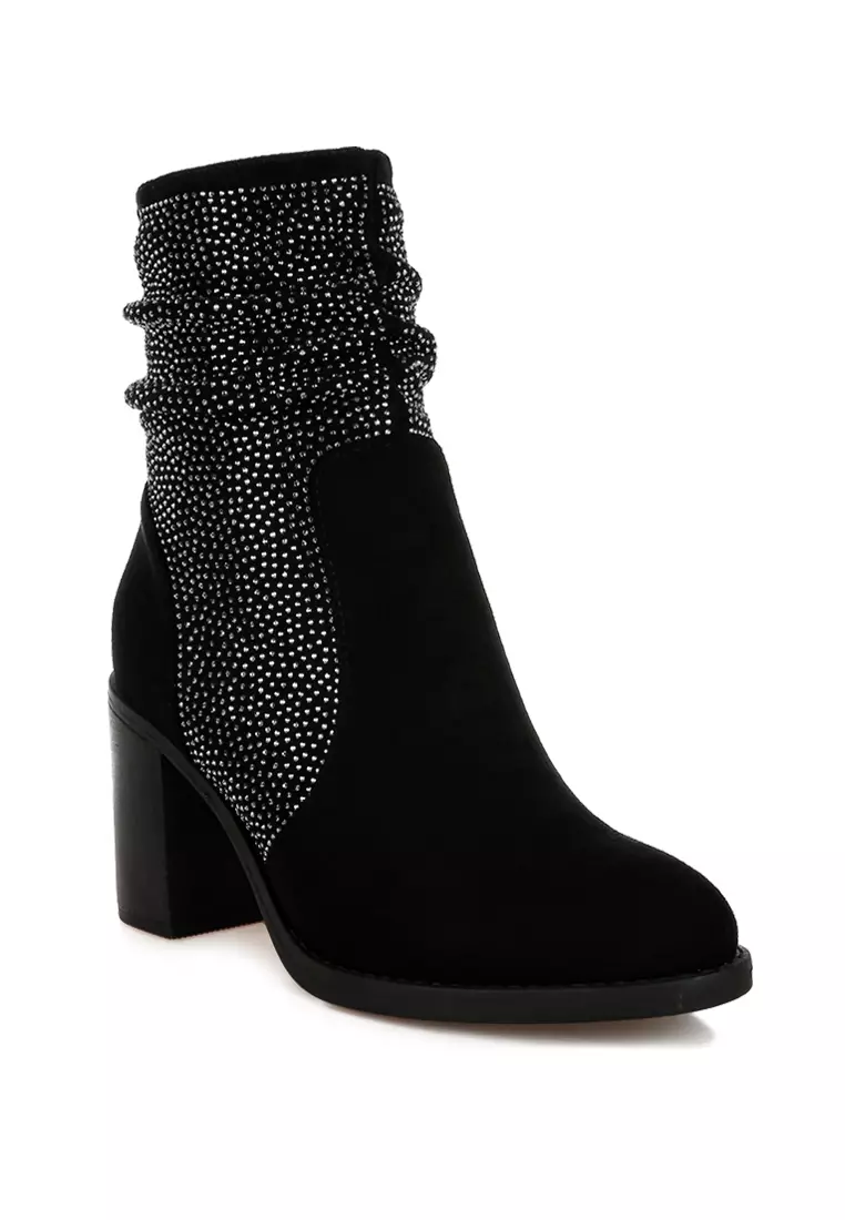Rhinestone Studded Slouchy Ankle Boots In Black