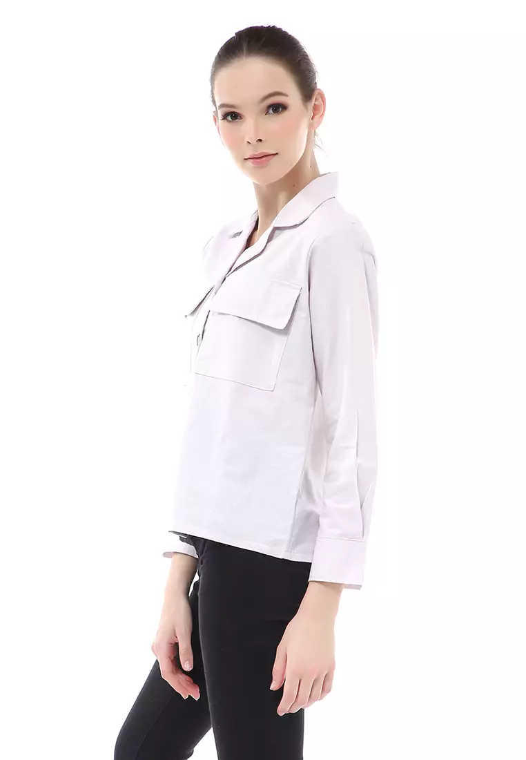 Brielle Atasan Wanita Kemeja Pocket Plain Motive Lengan Panjang Material Linen ORIGINAL - Ash Gray
