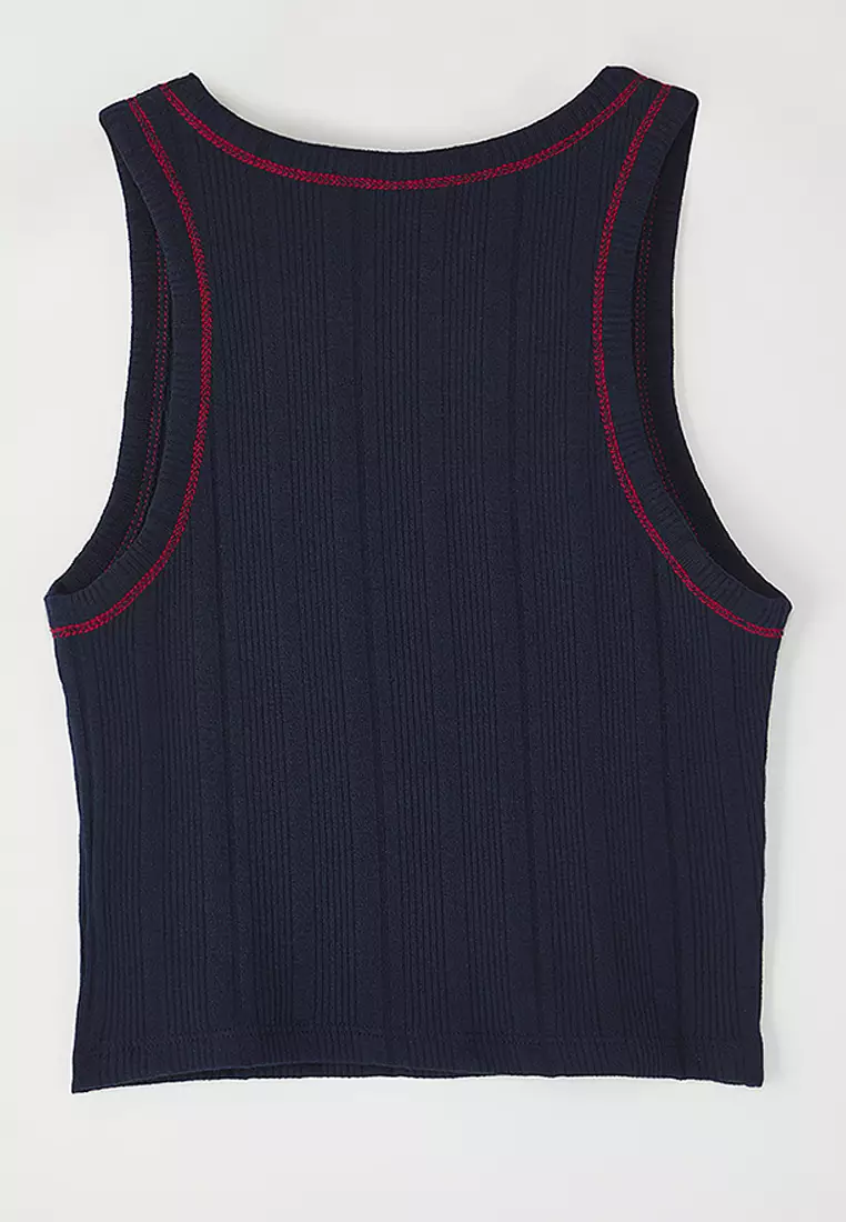 Navy Blue Pointel/Textured Fabric Crop Knitted Tank Top