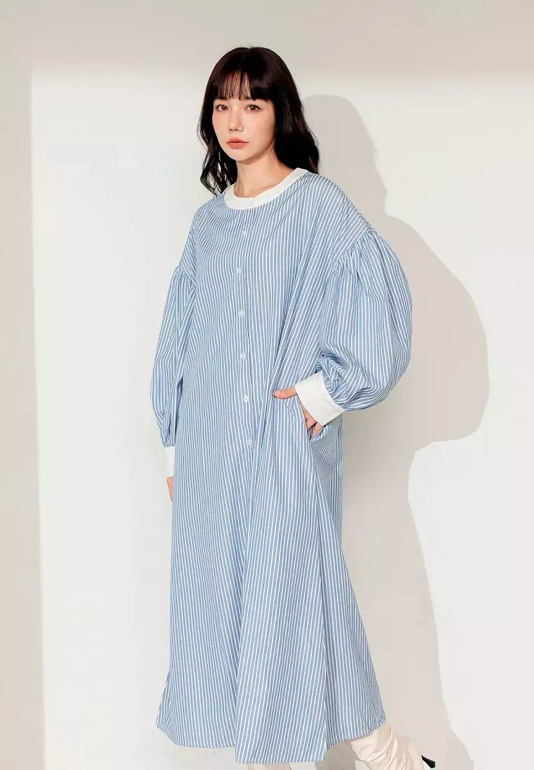 Striped Puff-Sleeve Long Open Top [DA9910]