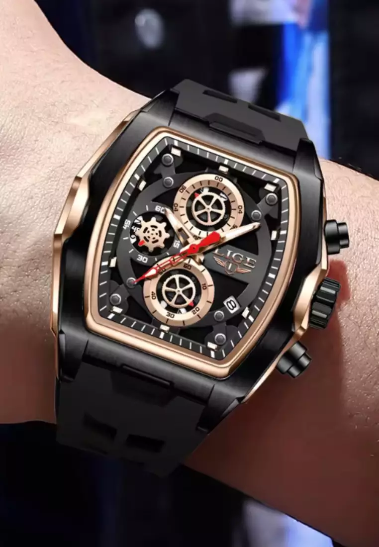 Unisex Chronograph Tonneau Shaped Plastic and Metal Alloy Quartz Watch, Rubber Strap