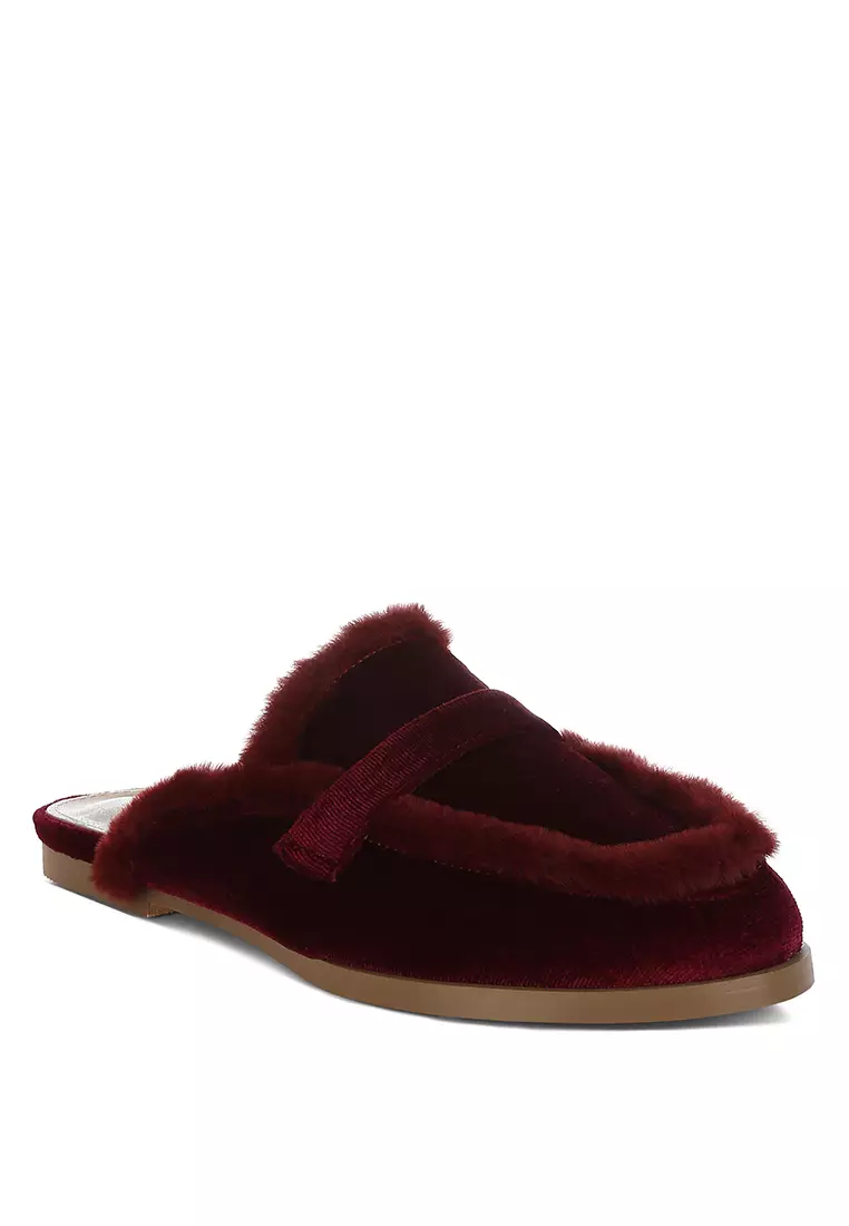 Fur Detail Velvet Slip-On Mules in Burgundy