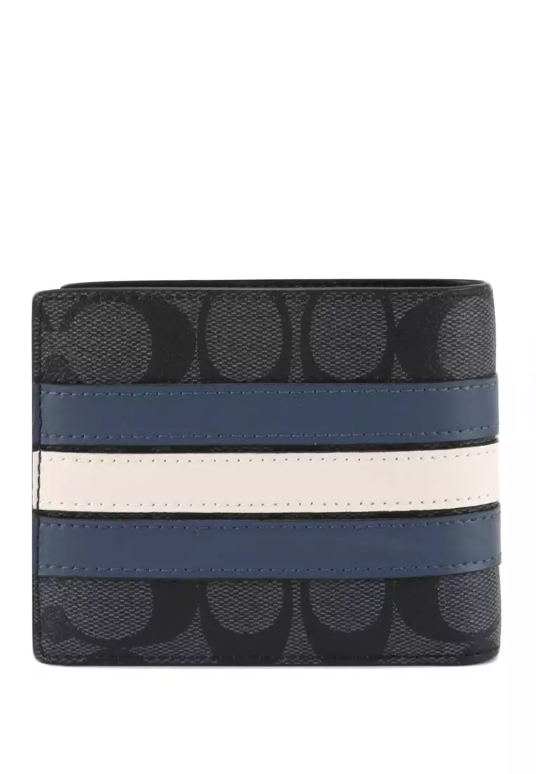 Coach Mens 3 In 1 Wallet In Signature Canvas With Varsity Stripe - Charcoal/Denim/Chalk