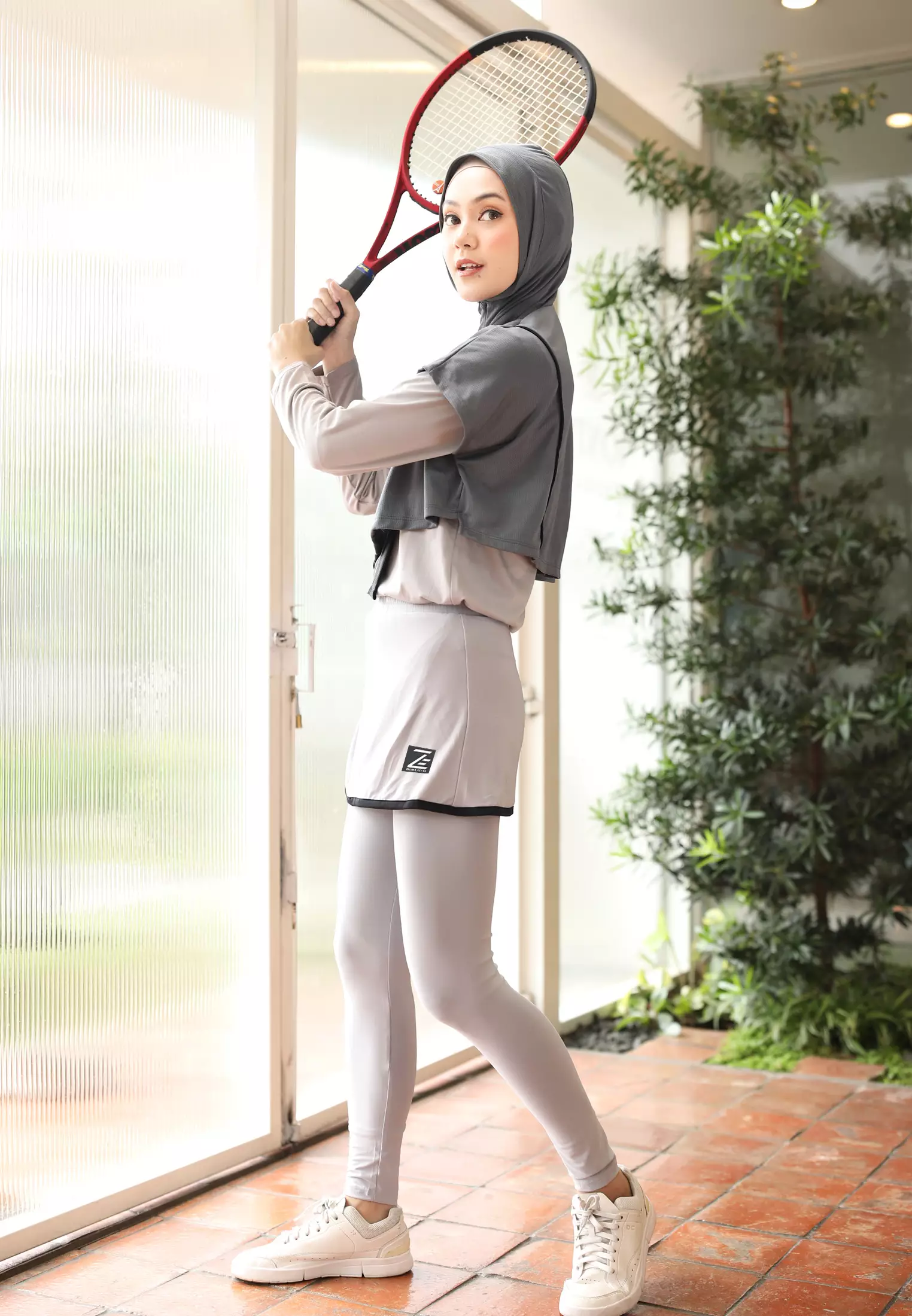 Zelena - Legging Rok Olahraga Wanita Tenis Padel - Ivory Grey - L 