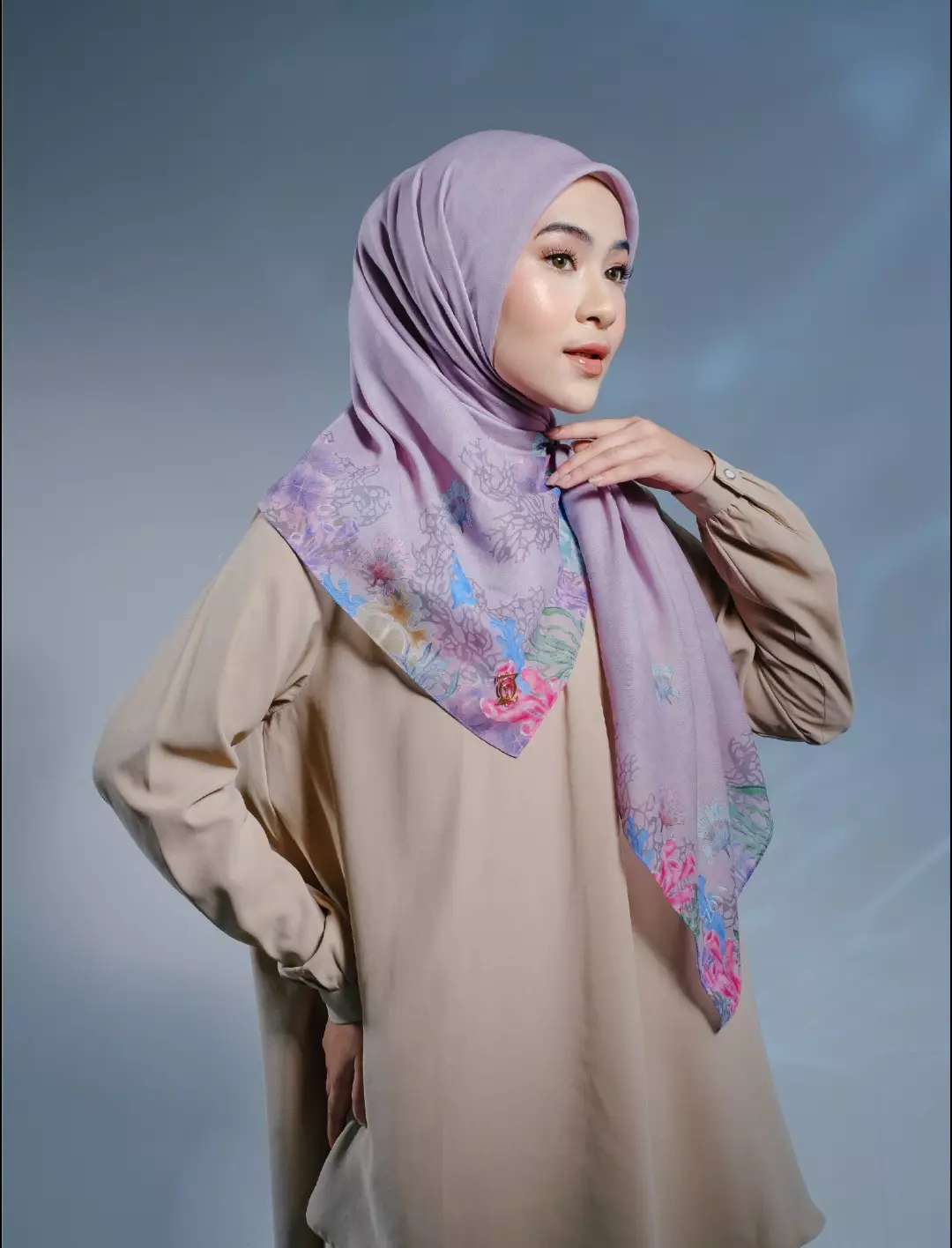 CASPIA Scarf Lilac - Kerudung Hijab Segiempat Motif With BOX - Bahan Nesla - Ukuran 115x115
