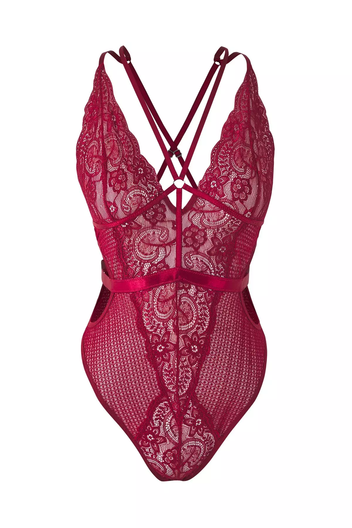 Dark Cherry Lace Openwork/Hole Piping Detail Knitted Bodysuit Without Cover THMSS25BD00002