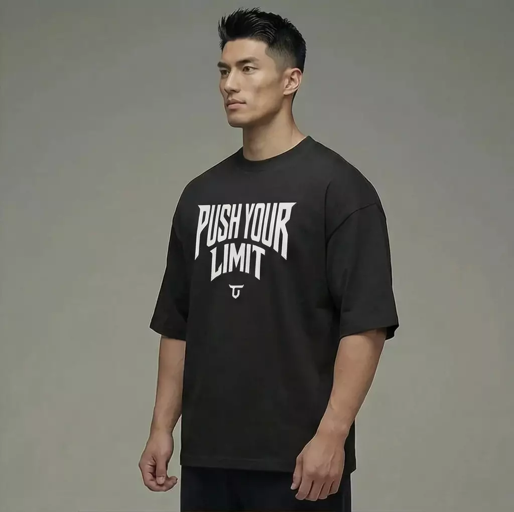 THIRDDAY Kaos Oversize Gym Kalcer Cotton Hybrid 240gsm "push your limit" hitam  MTZ06