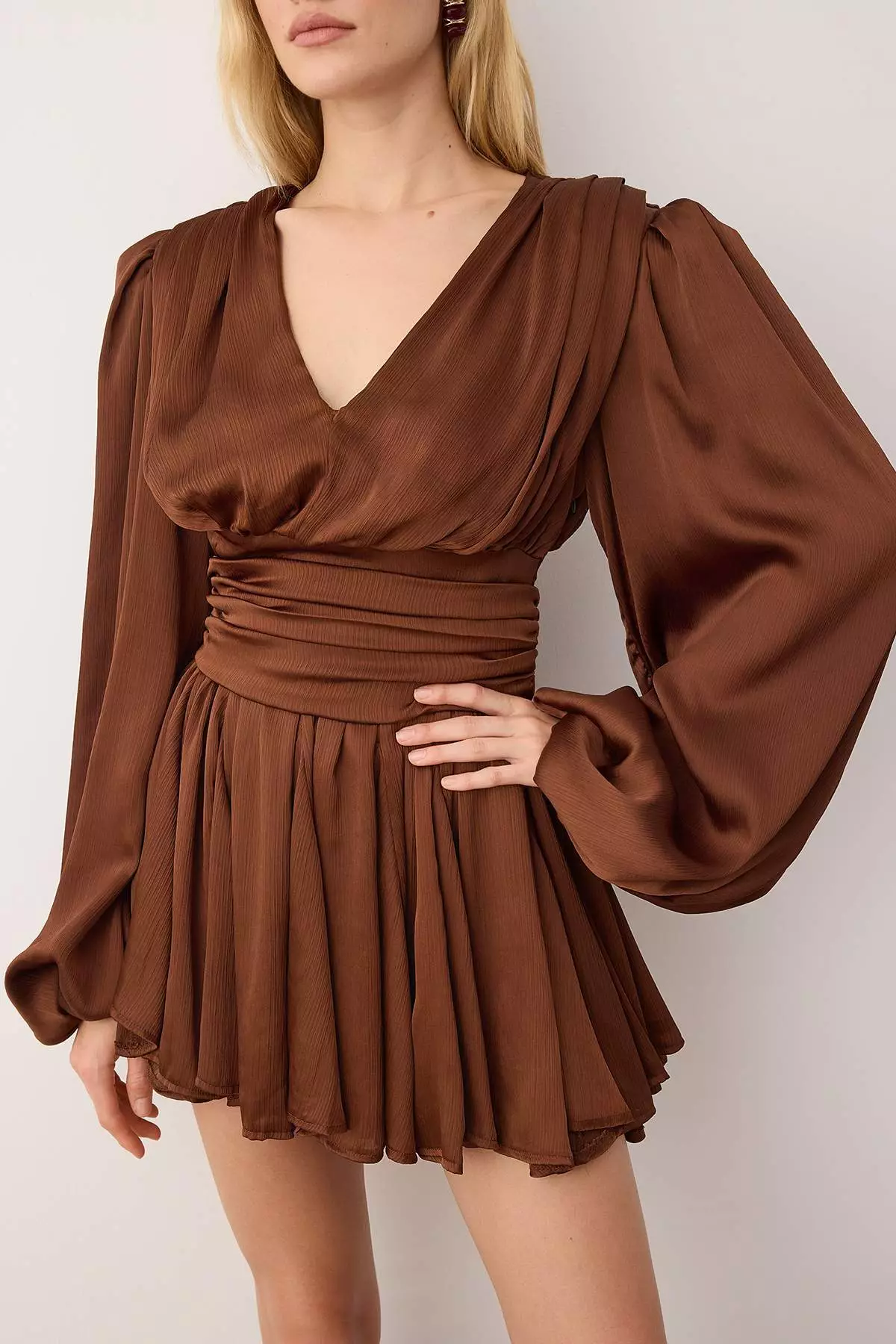 Brown Satin Short / Mini V-Neck Dress