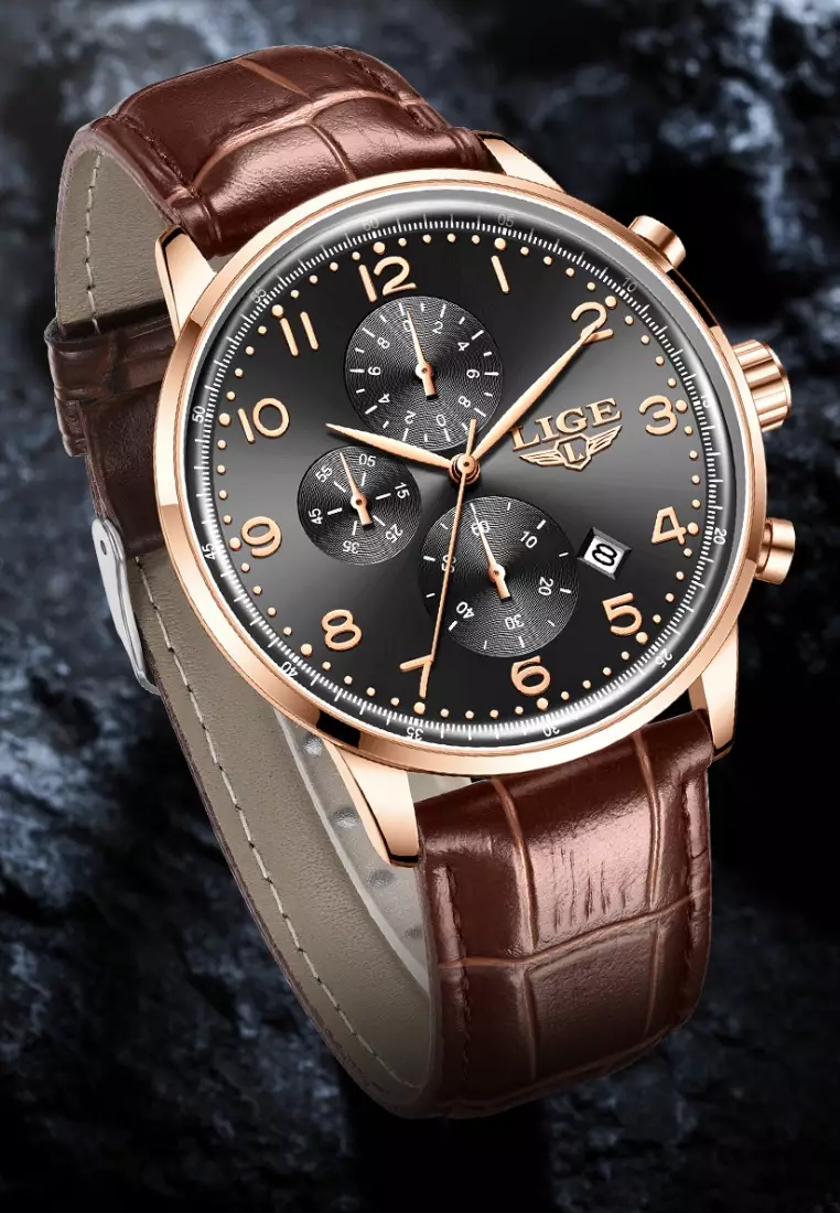 Chronograph Unisex Rose Gold Colored Quartz Watch 43mm, black dial, Brown Leather Strap