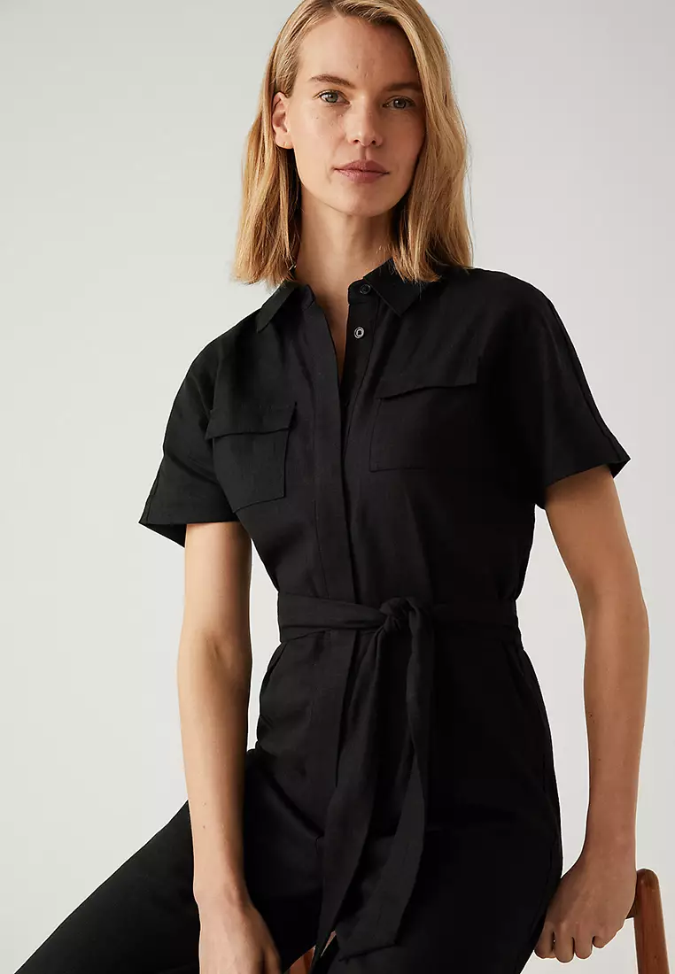 Linen Blend Belted Cropped Jumpsuit